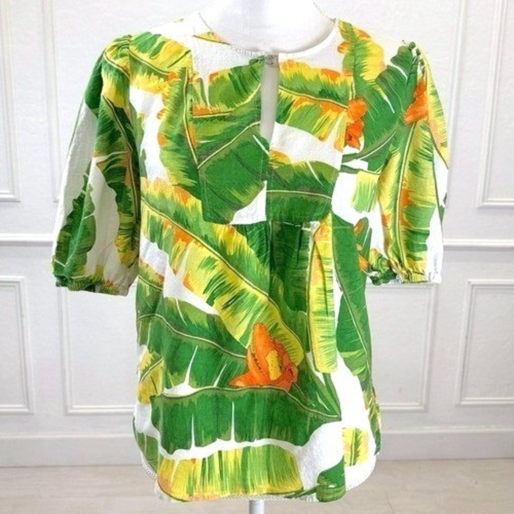 Cynthia Rowley Tropical Botanical Puff Sleeve V Neck Tunic Resortwear Women L